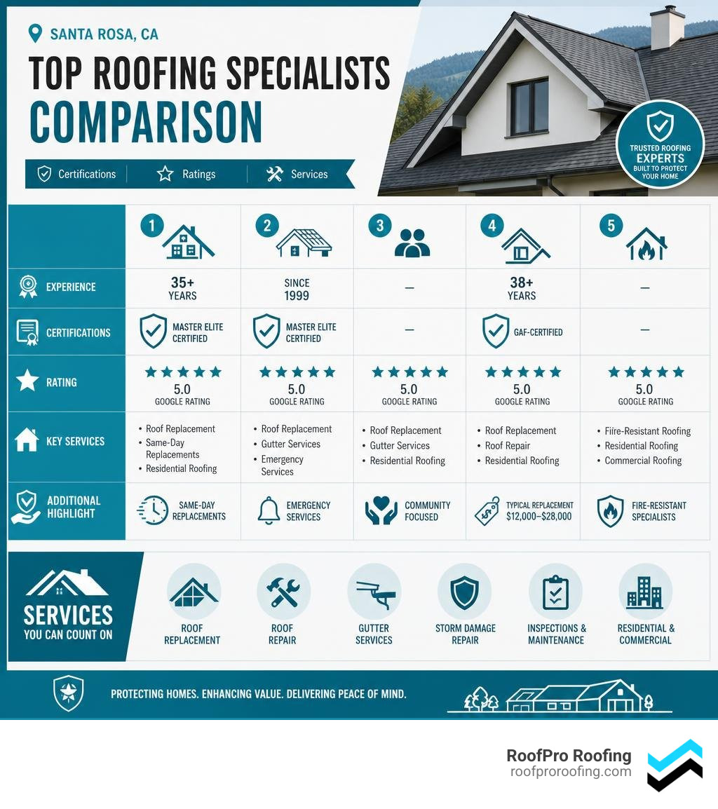 Top roofing specialists in Santa Rosa CA comparison infographic with certifications, ratings, and services infographic