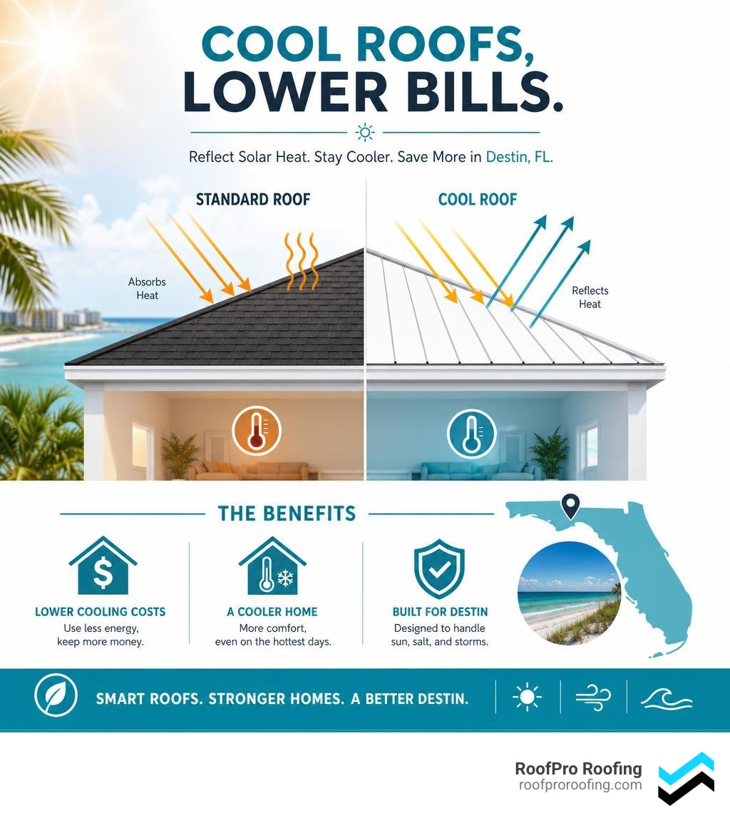 Infographic showing how cool roofs reflect solar heat to reduce cooling costs in Destin FL infographic