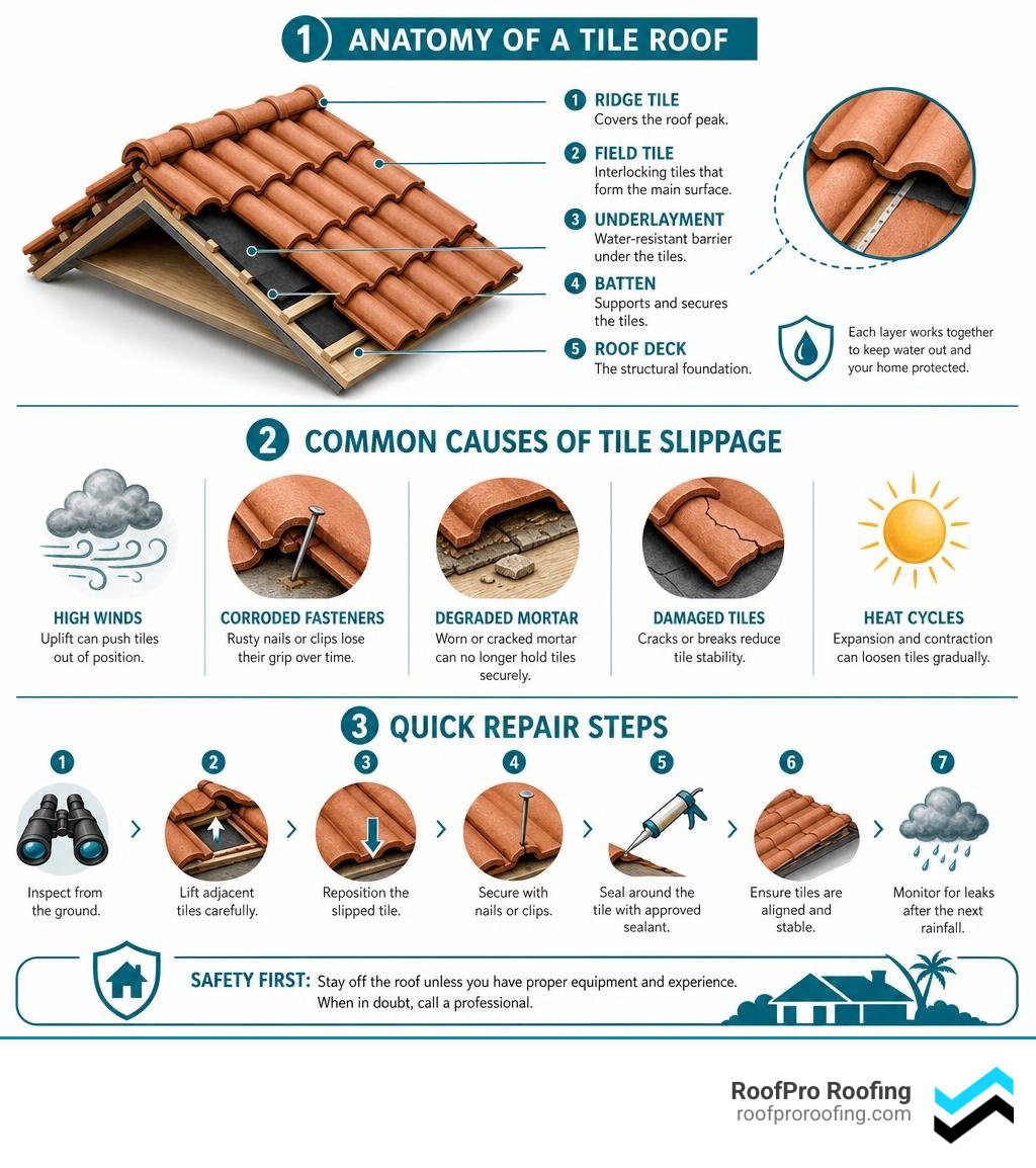 Infographic showing anatomy of a tile roof, common causes of tile slippage, and quick repair steps infographic