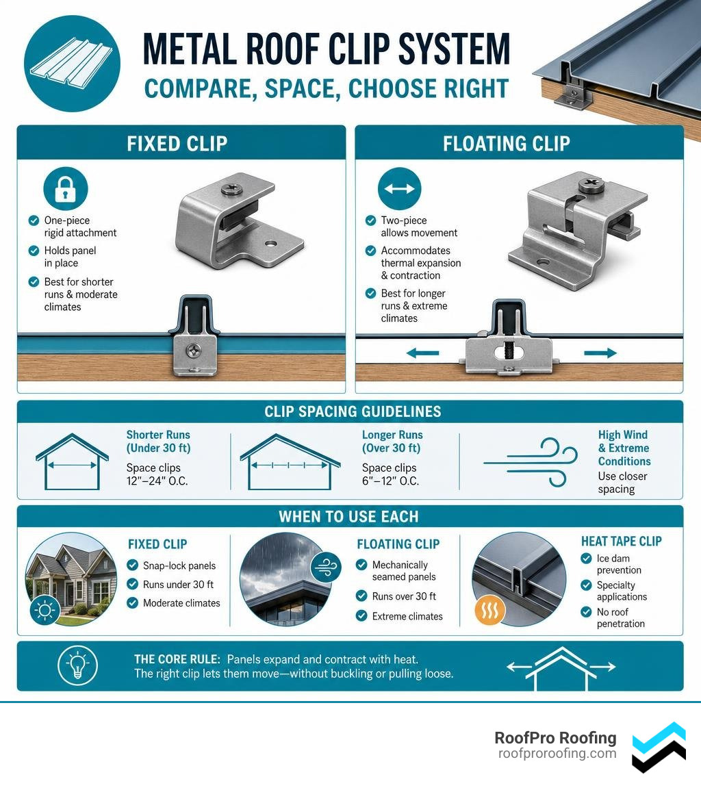 Infographic comparing fixed vs floating metal roof clips, spacing guidelines, and when to use each infographic