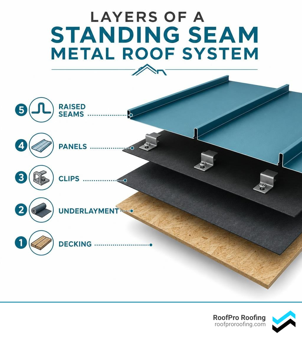Layers of a standing seam metal roof system: decking, underlayment, clips, panels, raised seams infographic