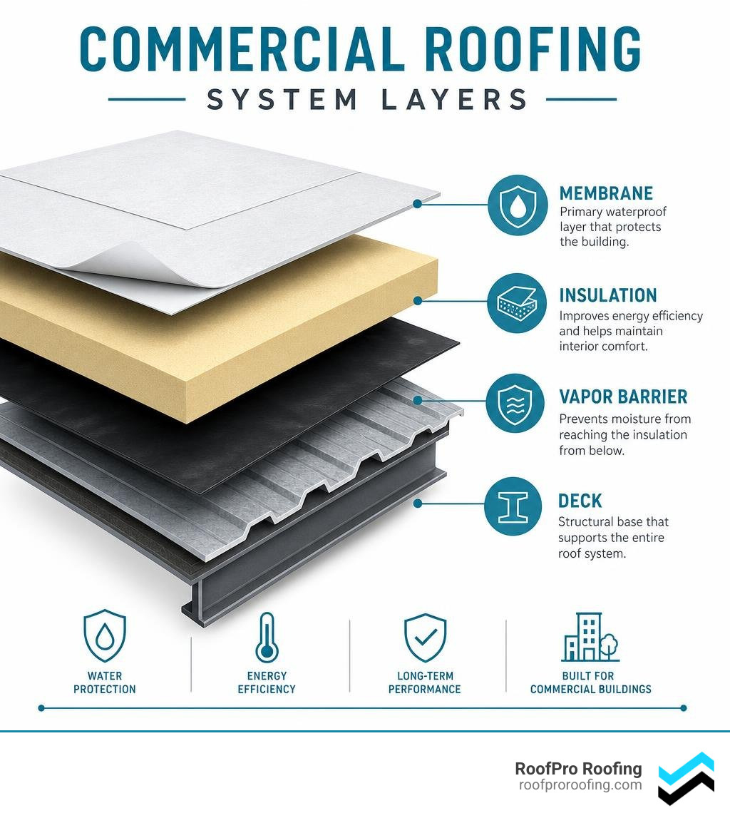 Commercial roofing system layers infographic showing membrane, insulation, vapor barrier, and deck components infographic