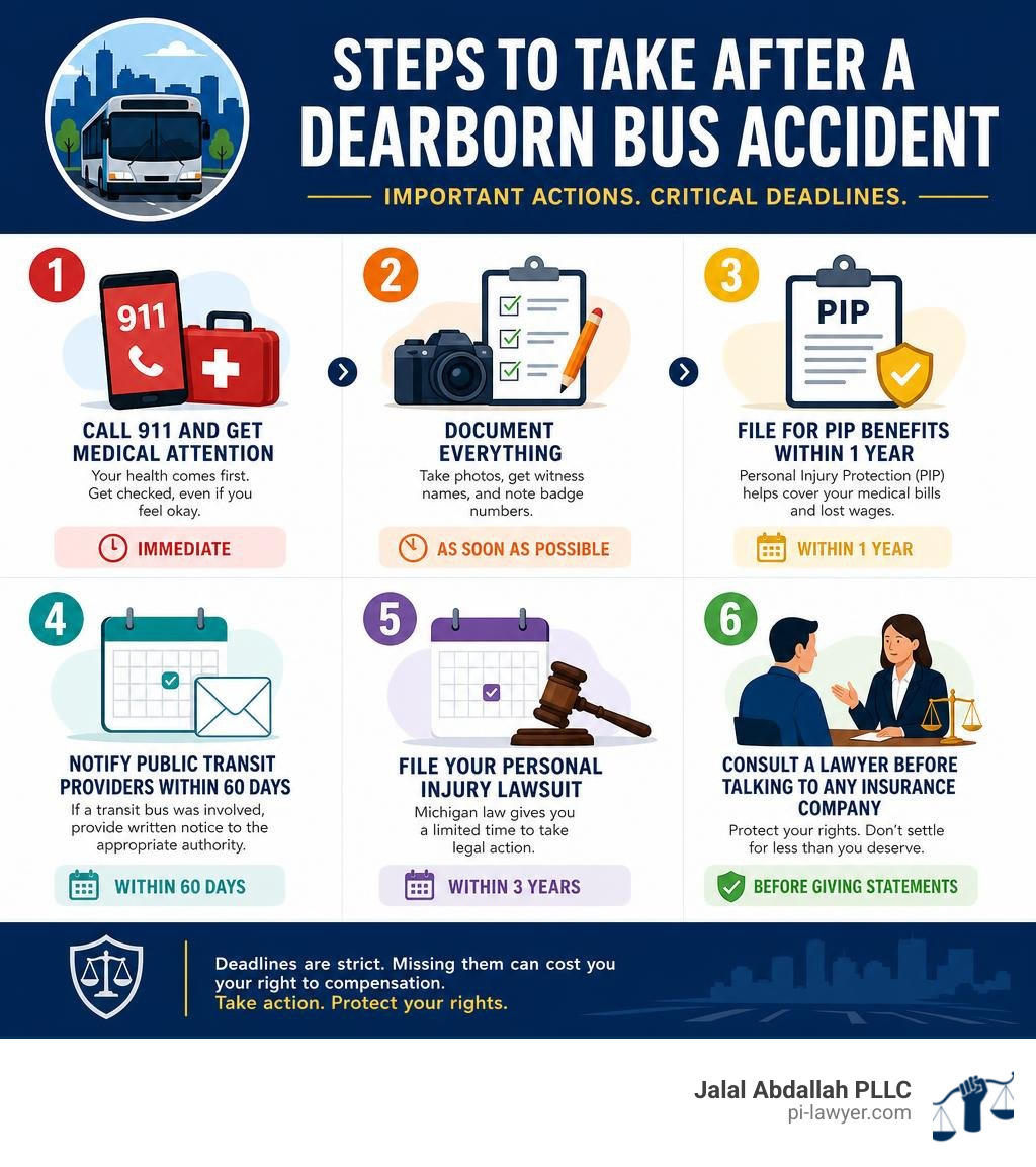 Steps to take after a Dearborn bus accident infographic showing deadlines and actions infographic Steps to take after a Dearborn bus accident infographic showing deadlines and actions infographic