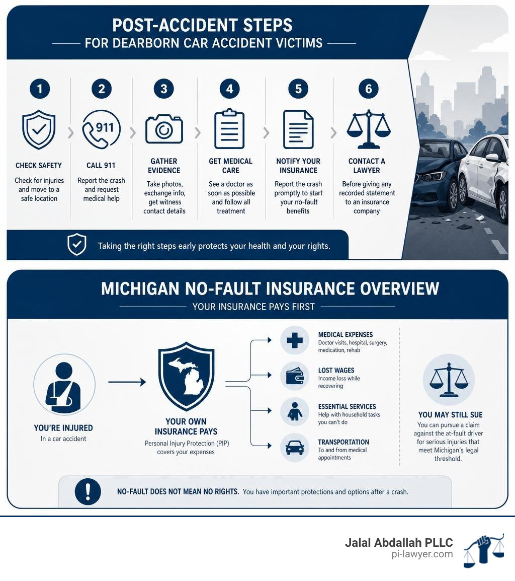 Post-accident steps for Dearborn car accident victims and Michigan no-fault insurance overview infographic Post-accident steps for Dearborn car accident victims and Michigan no-fault insurance overview infographic