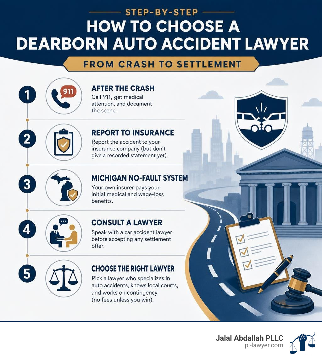 Step-by-step infographic: how to choose a Dearborn auto accident lawyer from crash to settlement infographic Step-by-step infographic: how to choose a Dearborn auto accident lawyer from crash to settlement infographic