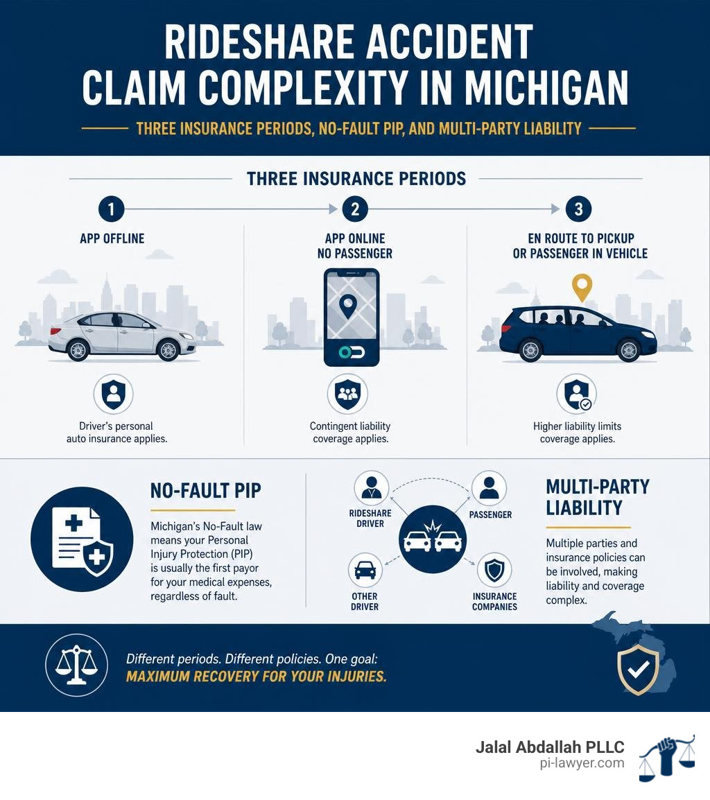 Infographic showing rideshare accident claim complexity: three insurance periods, No-Fault PIP, and multi-party liability in Infographic showing rideshare accident claim complexity: three insurance periods, No-Fault PIP, and multi-party liability in