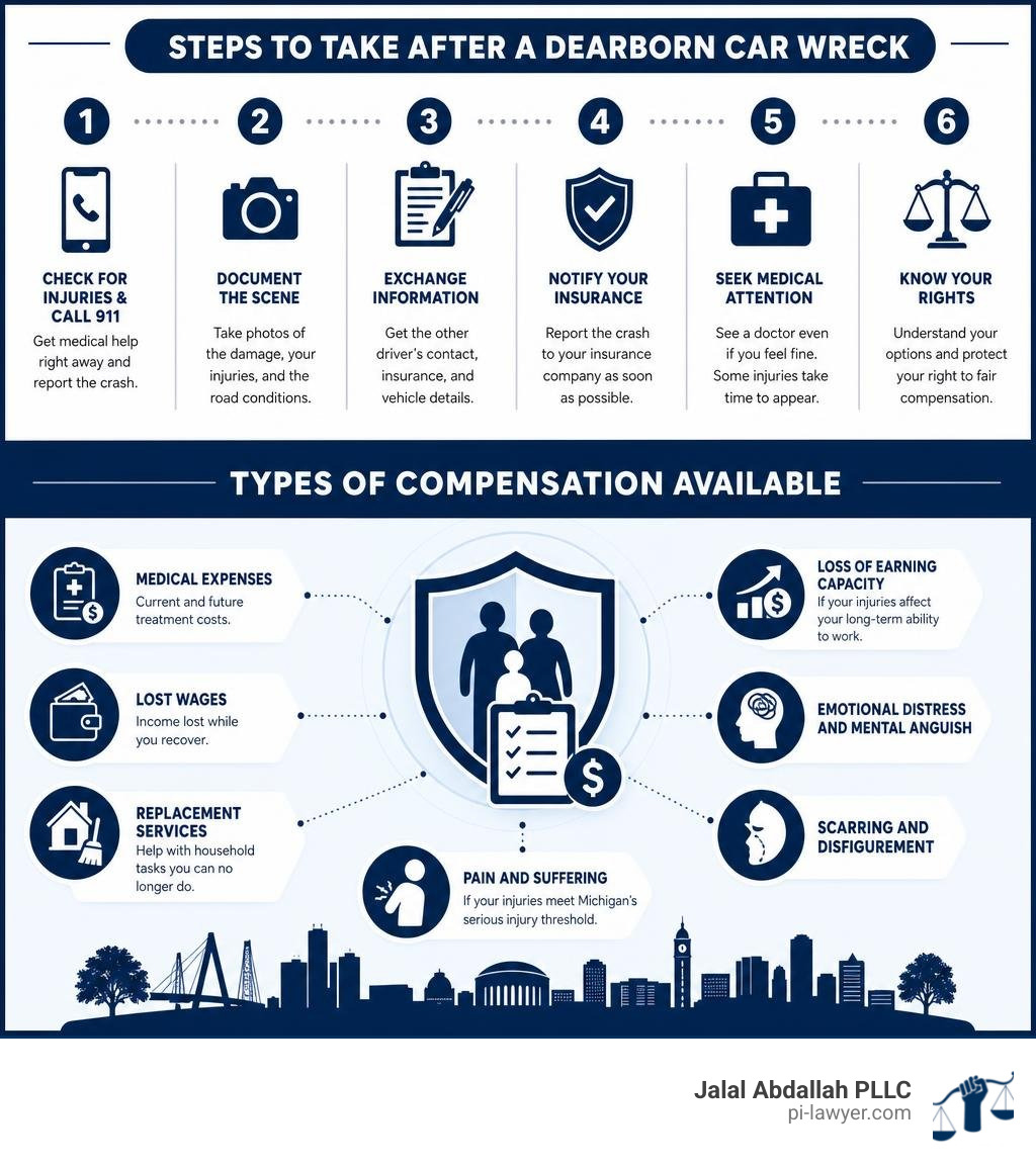 Steps to take after a Dearborn car wreck and types of compensation available infographic Steps to take after a Dearborn car wreck and types of compensation available infographic