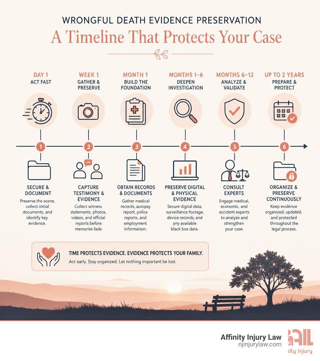 Timeline infographic showing critical wrongful death evidence preservation steps from day 1 to two years infographic