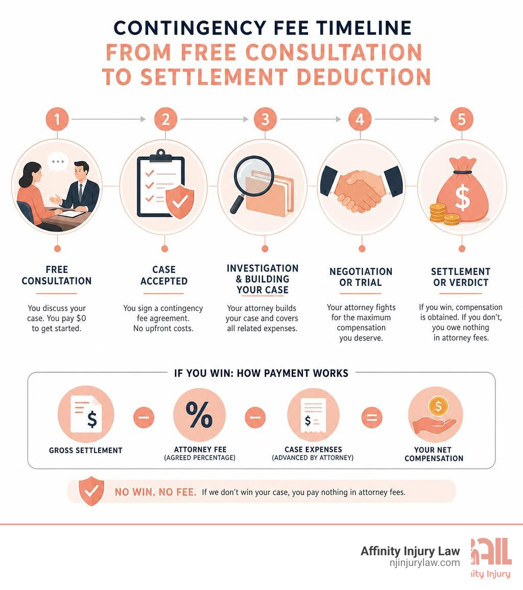 Contingency fee timeline infographic: free consultation to settlement deduction infographic