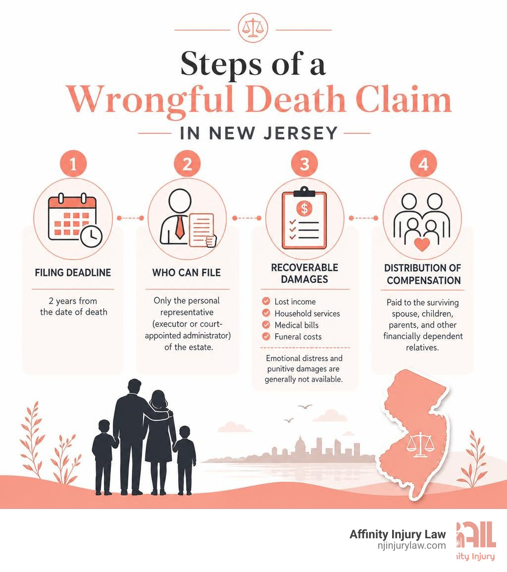 Steps of a wrongful death claim in New Jersey including filing deadline, who can file, recoverable damages, and distribution Steps of a wrongful death claim in New Jersey including filing deadline, who can file, recoverable damages, and distribution