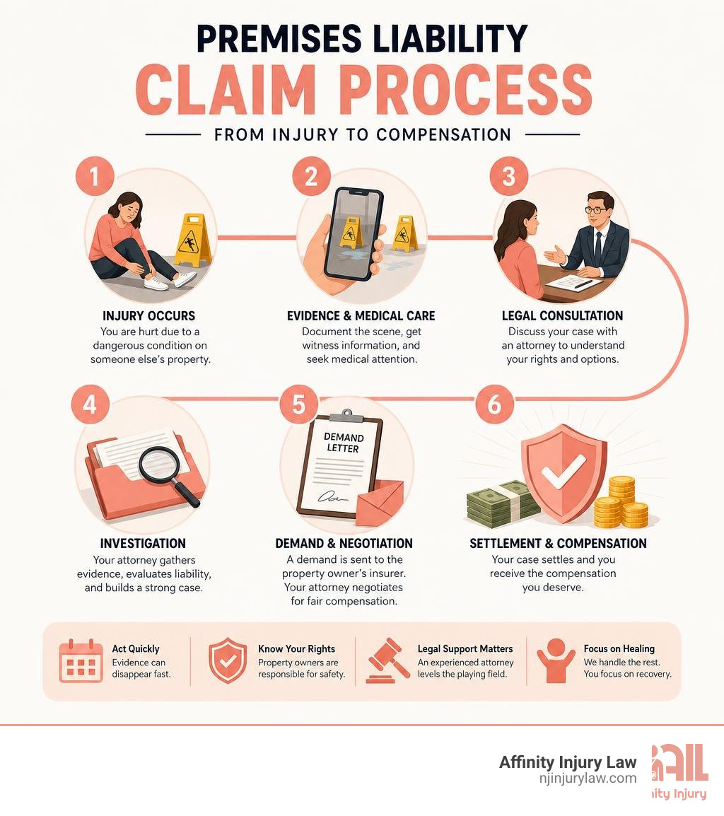 Premises liability claim process infographic showing steps from injury to compensation infographic Premises liability claim process infographic showing steps from injury to compensation infographic