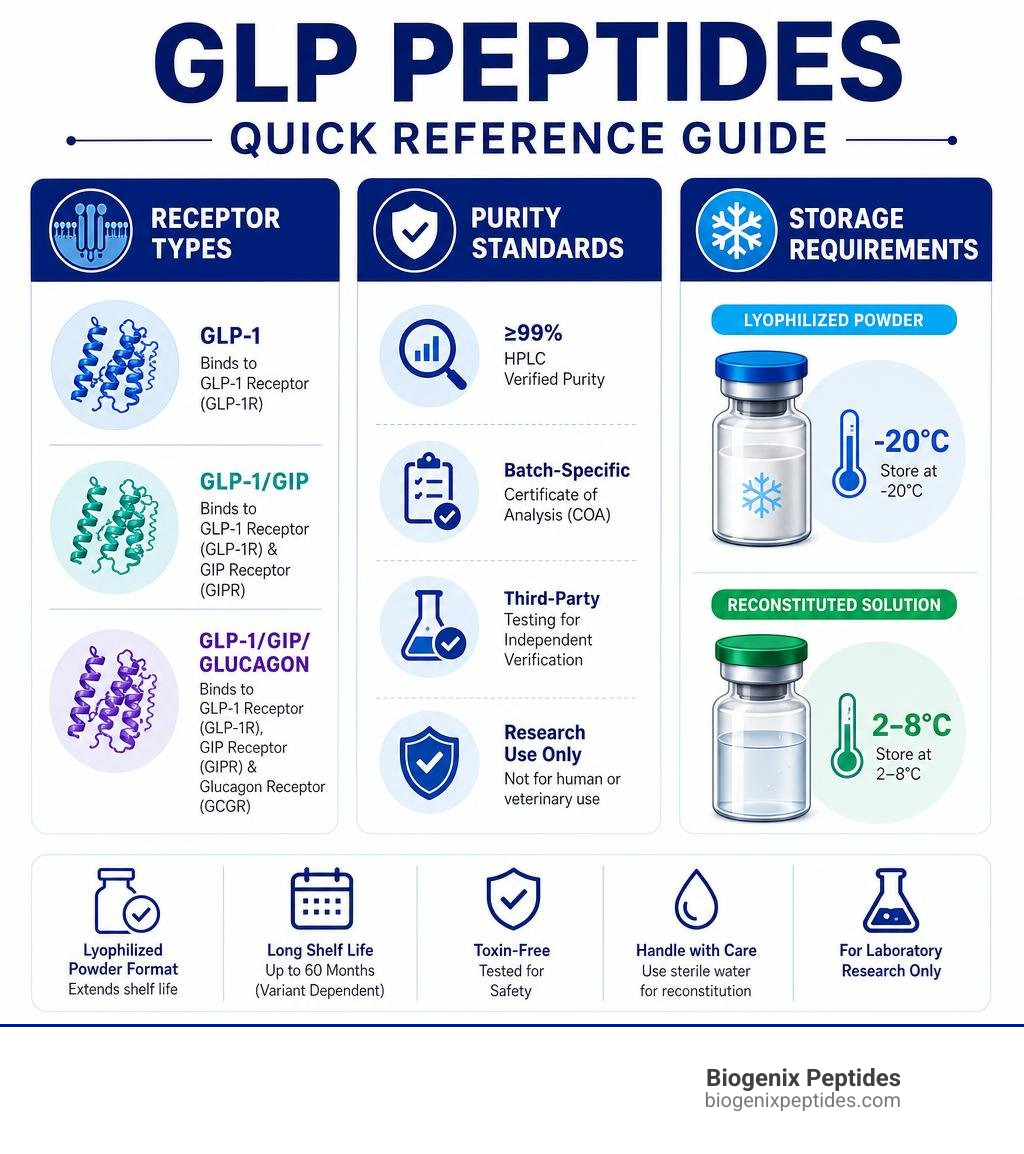 GLP peptides quick reference guide showing receptor types purity standards and storage requirements infographic GLP peptides quick reference guide showing receptor types purity standards and storage requirements infographic
