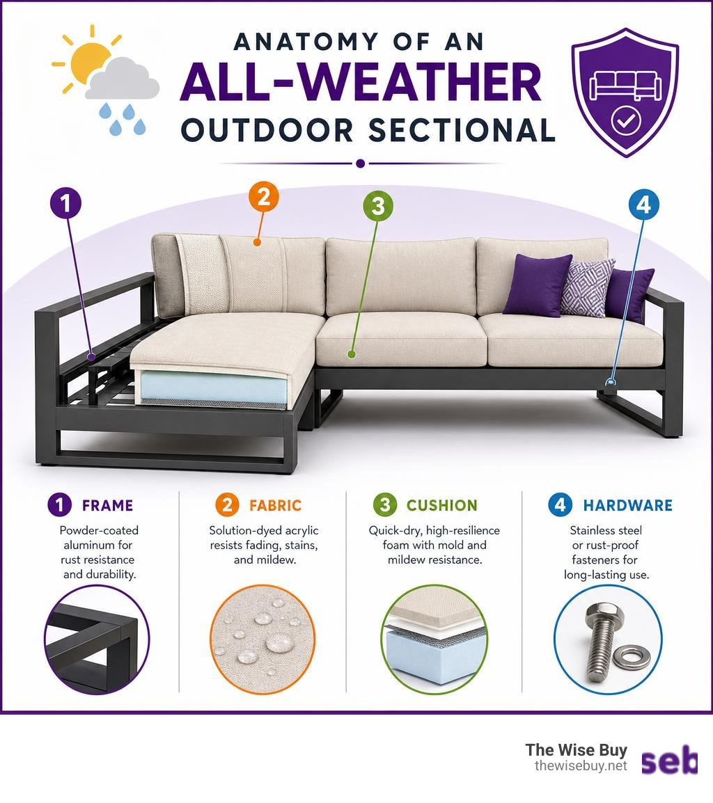 Anatomy of an all-weather outdoor sectional: frame, fabric, cushion, and hardware components labeled infographic