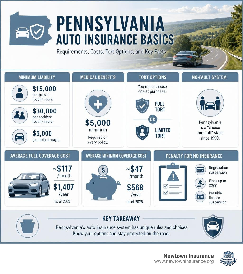 Pennsylvania auto insurance basics infographic: requirements, costs, tort options, and key facts infographic Pennsylvania auto insurance basics infographic: requirements, costs, tort options, and key facts infographic