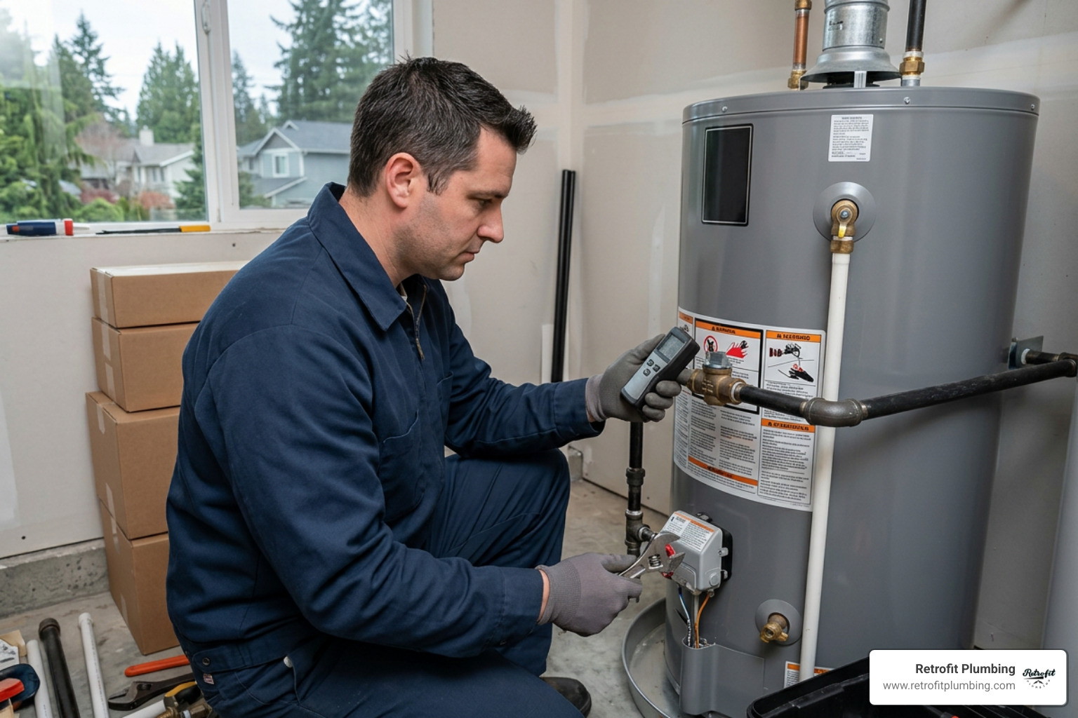 Plumber checking gas lines on water heater in Bellevue WA