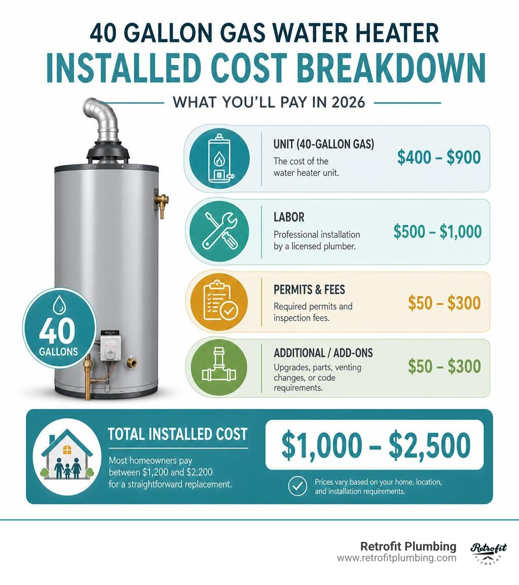 Infographic showing 40 gallon gas water heater installed cost breakdown including unit, labor, permits, and add-ons