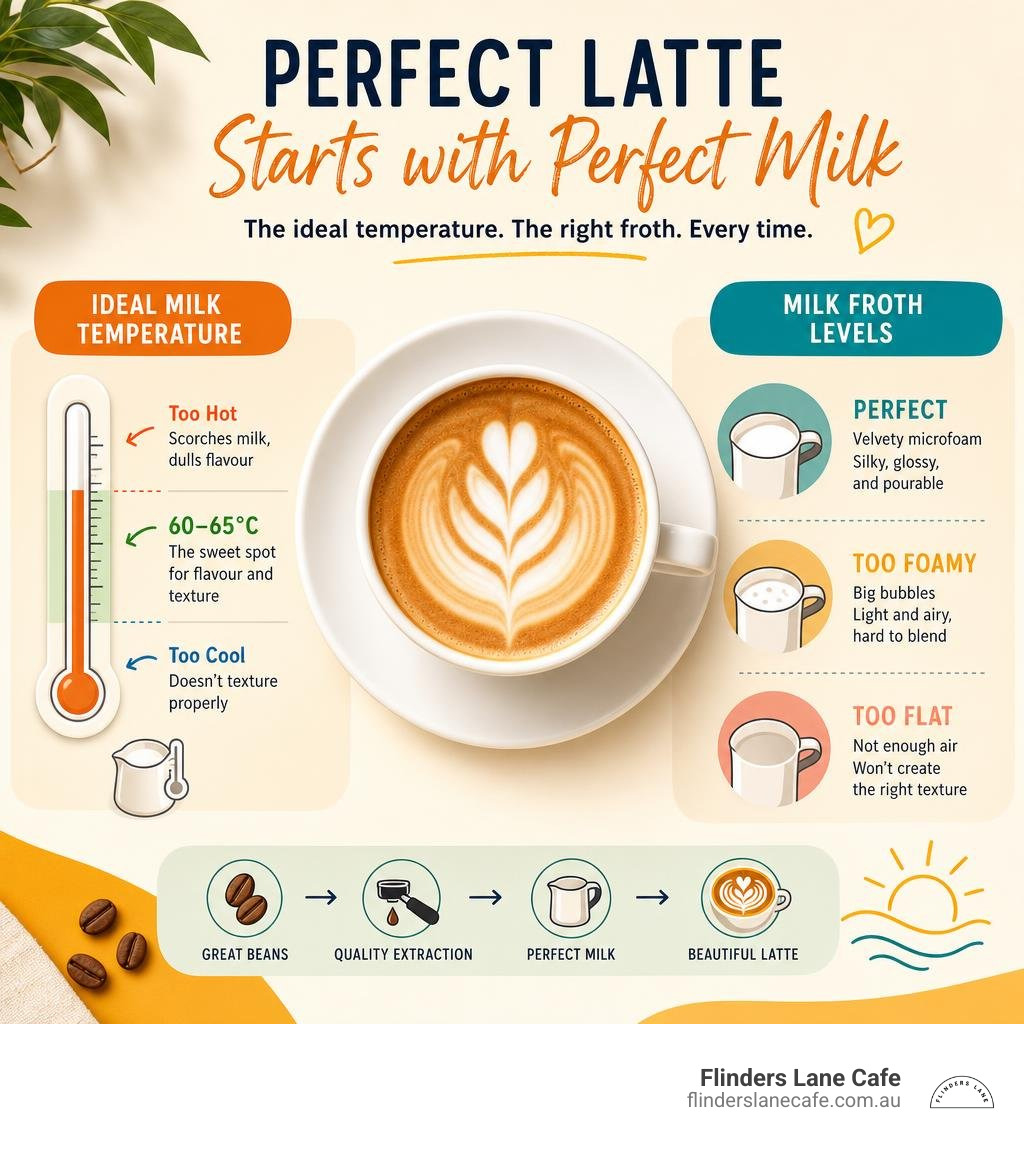 Infographic showing the ideal milk temperature and froth levels for a perfect latte infographic