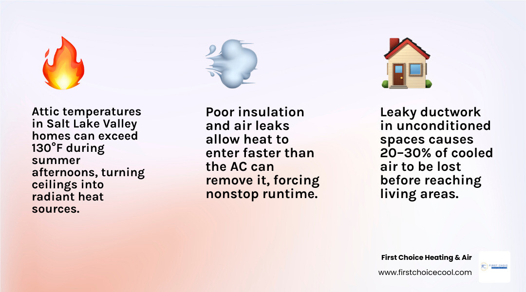 Infographic showing how heat enters a Salt Lake Valley home through attic, walls, windows, and leaky ducts, forcing AC to Infographic showing how heat enters a Salt Lake Valley home through attic, walls, windows, and leaky ducts, forcing AC to