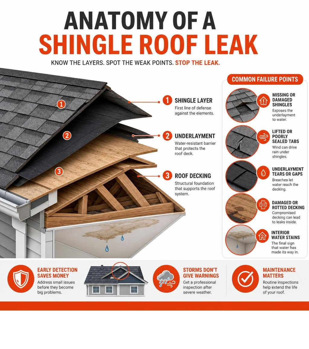 Anatomy of a shingle roof leak showing shingle layers, underlayment, decking, and common failure points infographic Anatomy of a shingle roof leak showing shingle layers, underlayment, decking, and common failure points infographic