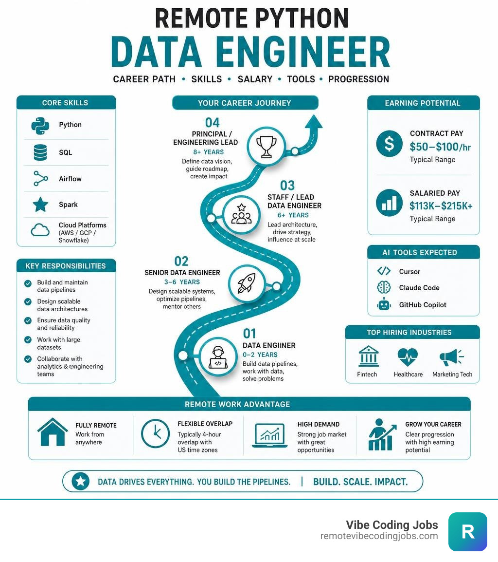 Remote Python data engineering career path infographic: skills, salary, tools, and progression infographic