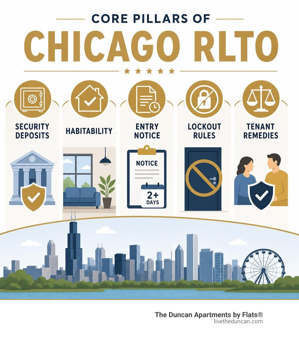 Core pillars of Chicago RLTO: security deposits, habitability, entry notice, lockout rules, and tenant remedies infographic