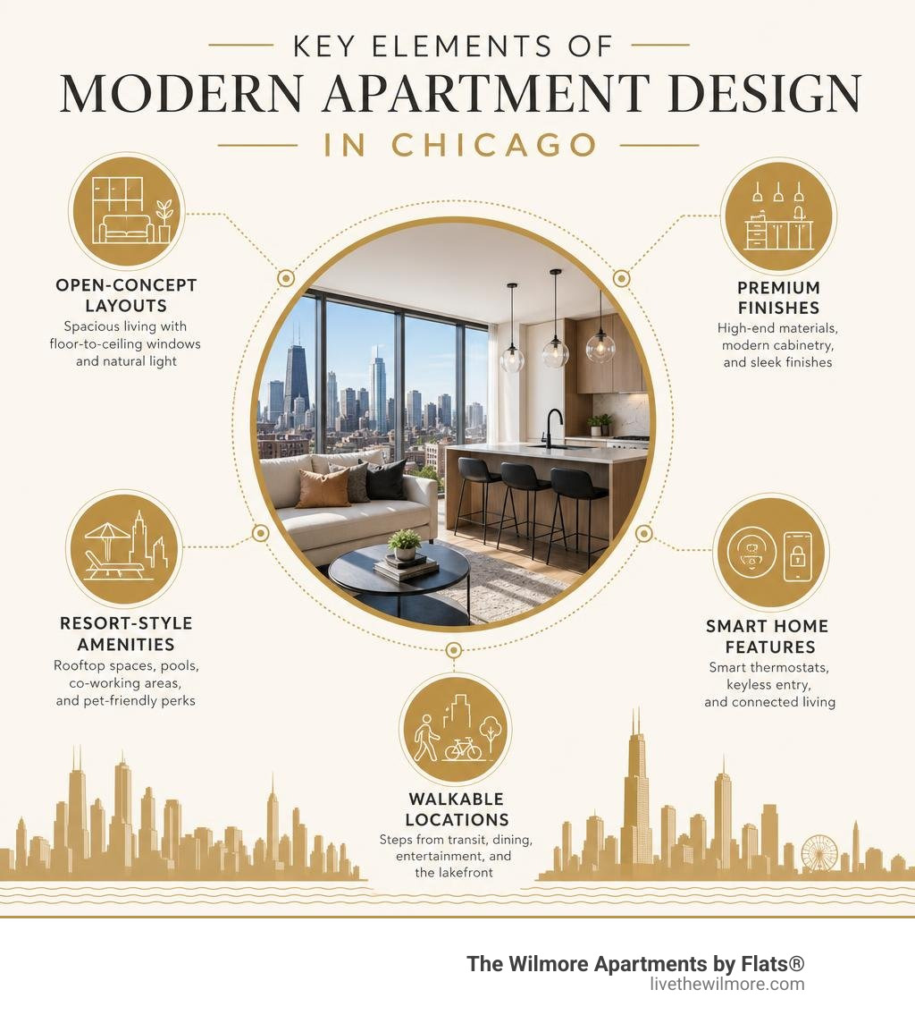 Key elements of modern apartment design in Chicago infographic infographic
