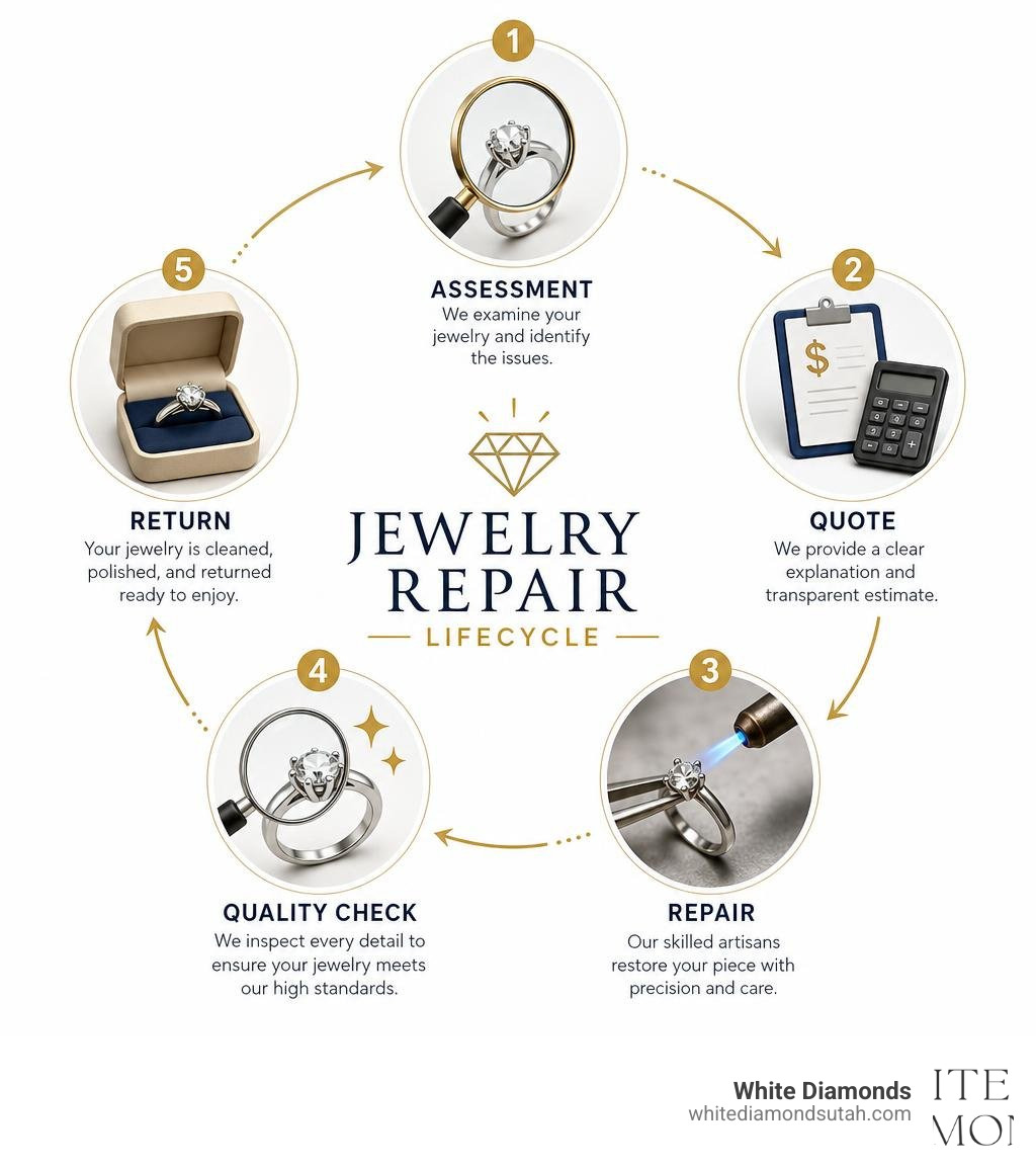Jewelry repair lifecycle infographic showing assessment, quote, repair, quality check, and return steps infographic