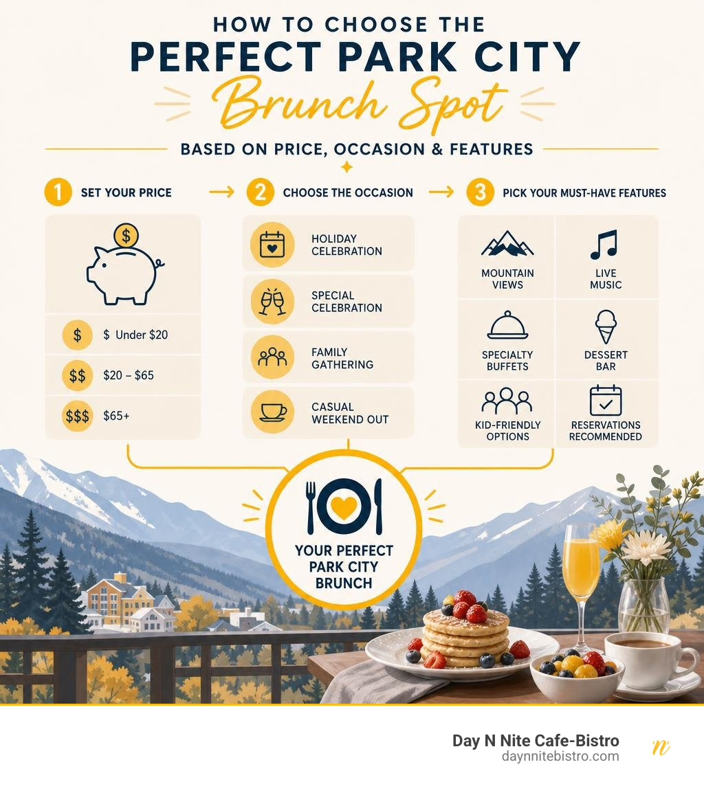How to choose the perfect Park City brunch spot based on price, occasion, and features infographic