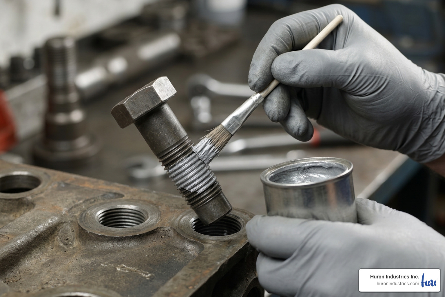 anti-seize compound being brushed onto a metal bolt thread