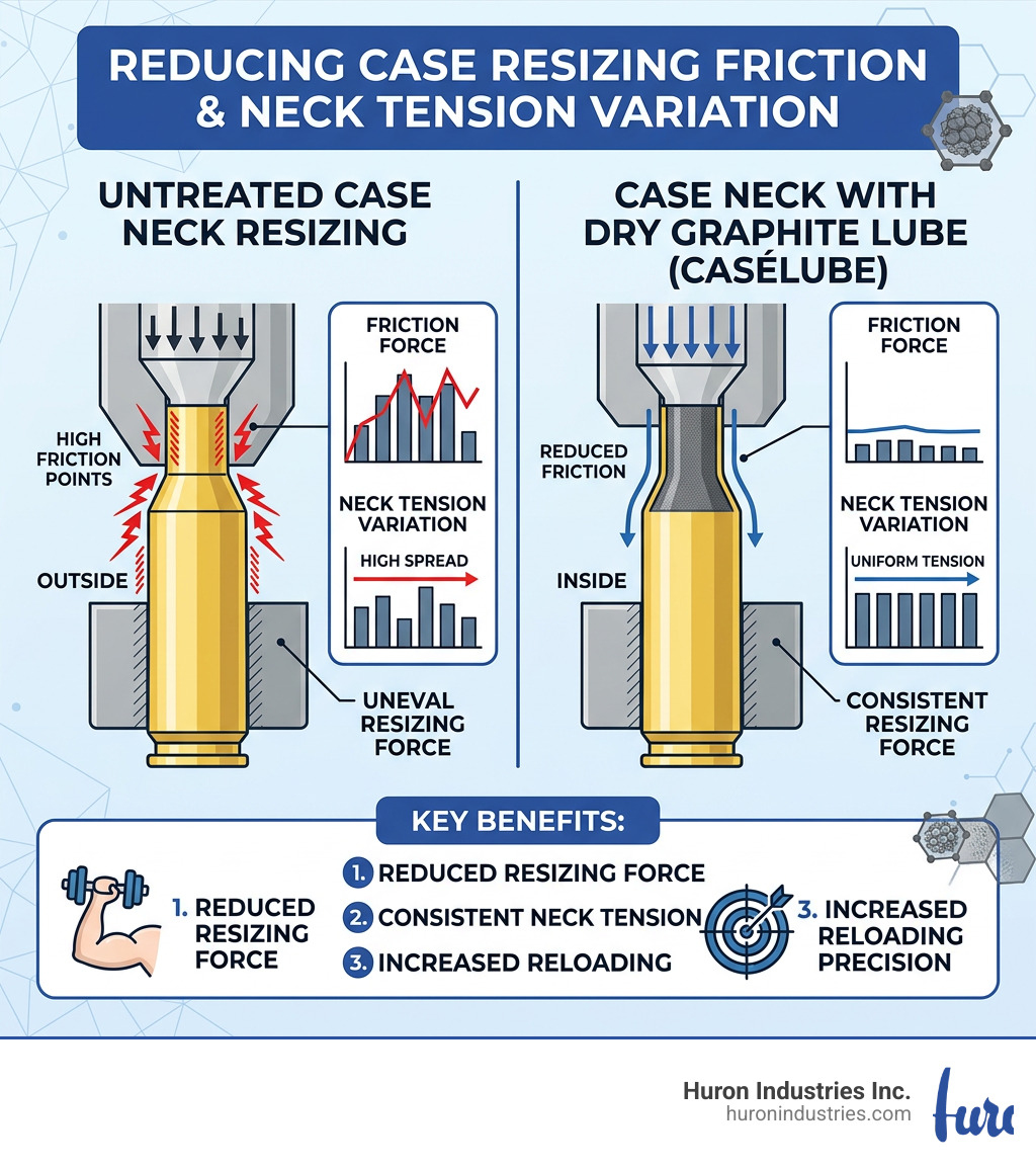 Diagram showing case resizing friction points and how dry graphite lubricant reduces neck tension variation infographic Diagram showing case resizing friction points and how dry graphite lubricant reduces neck tension variation infographic
