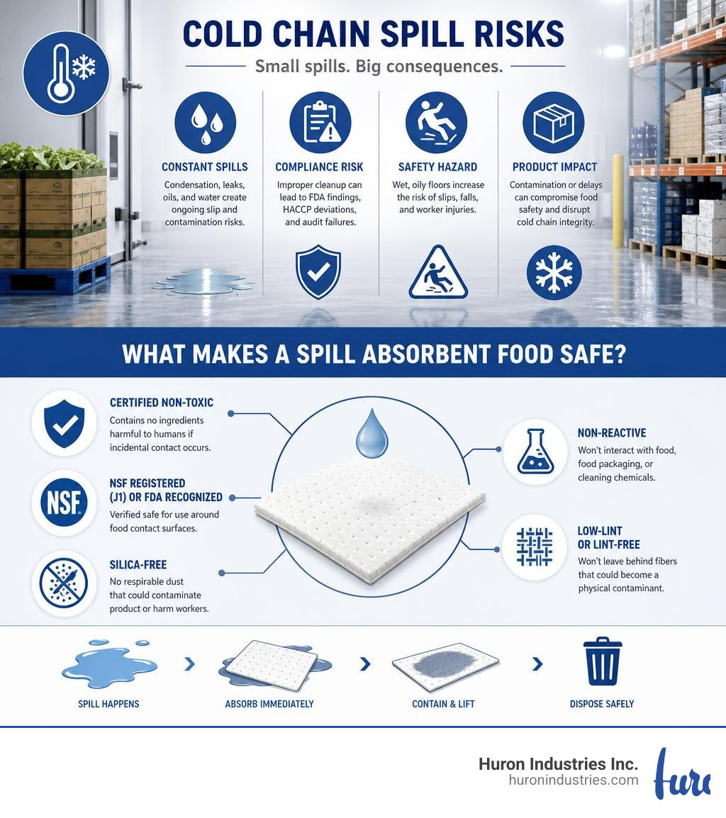 Infographic showing cold chain spill risks and what makes a spill absorbent food safe infographic