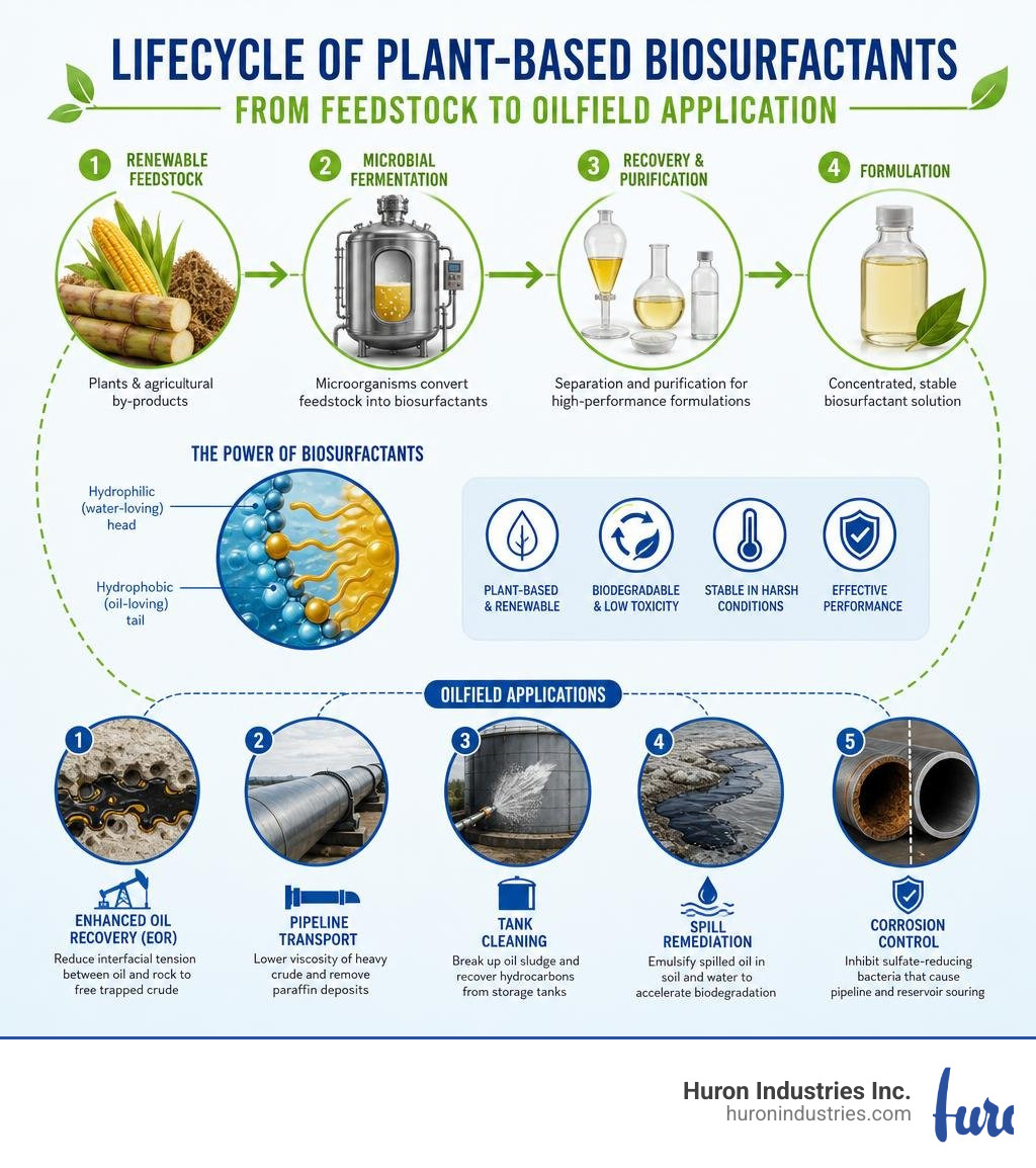 Lifecycle of plant-based biosurfactants from feedstock to oilfield application infographic