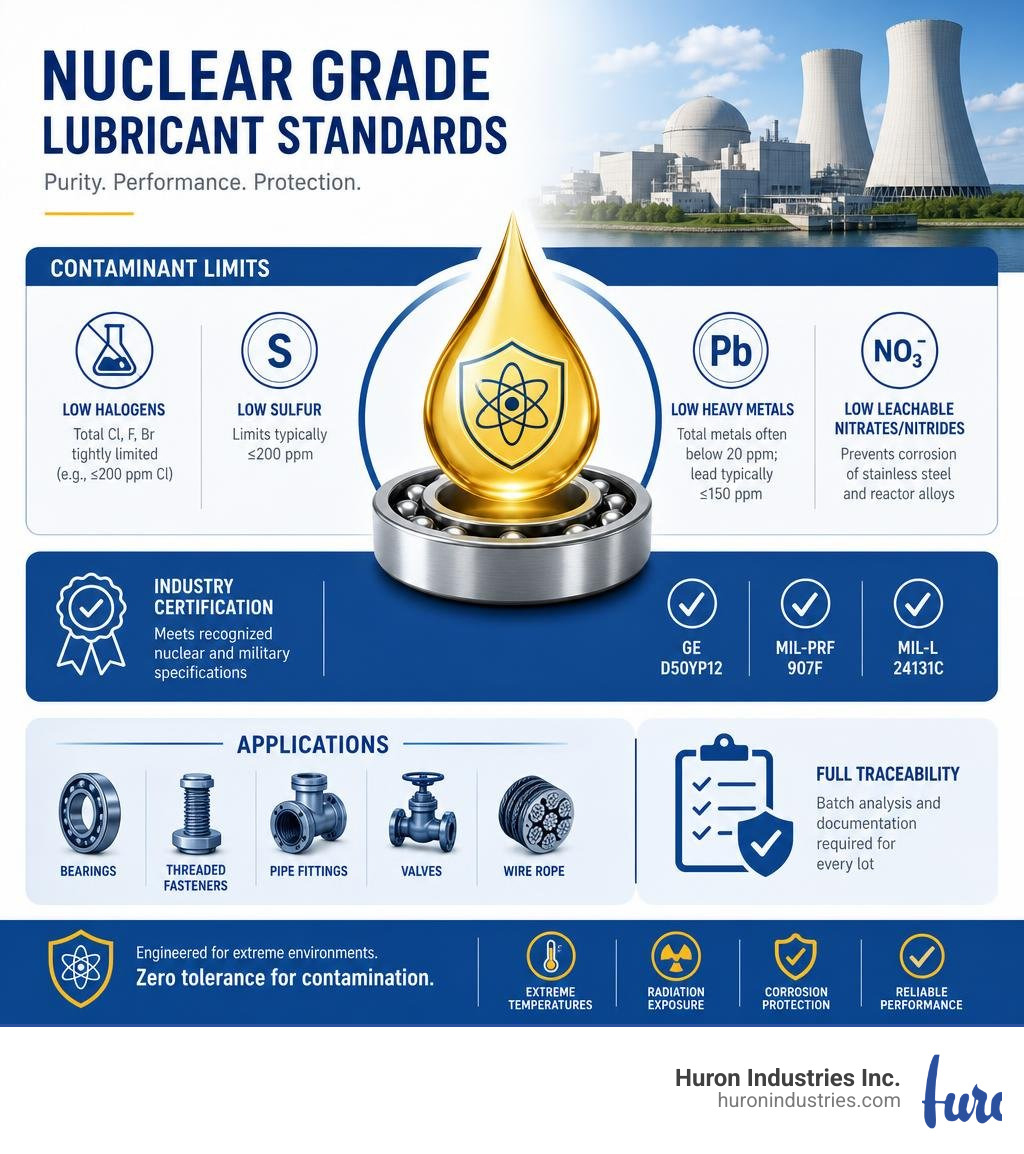 Infographic showing nuclear grade lubricant standards: contaminant limits, certifications, and application types infographic