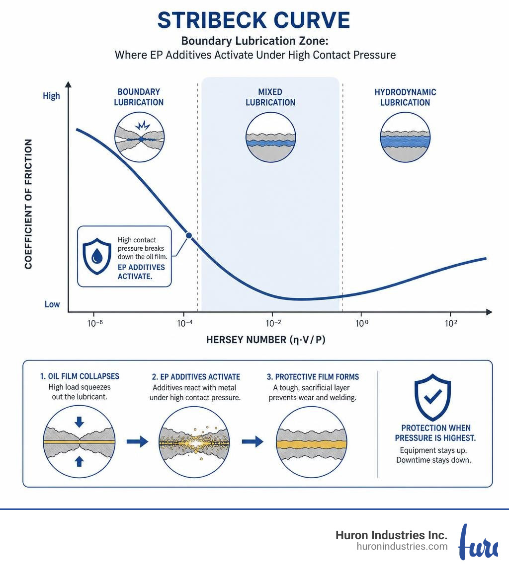 Infographic: Stribeck curve showing boundary lubrication zone where EP additives activate under high contact pressure