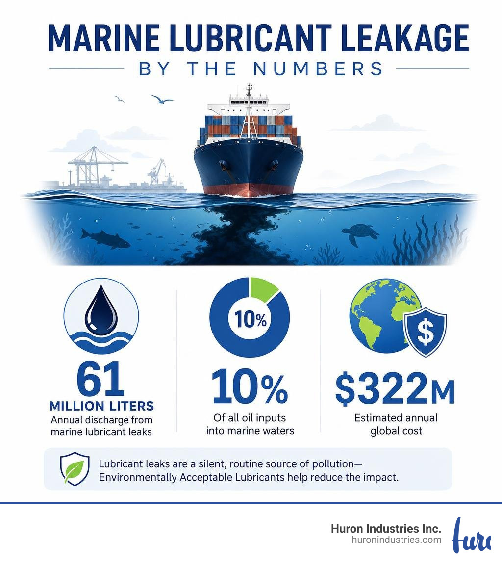Marine lubricant leakage statistics infographic showing 61 million liters annual discharge, 10% of marine oil inputs, $322M Marine lubricant leakage statistics infographic showing 61 million liters annual discharge, 10% of marine oil inputs, $322M