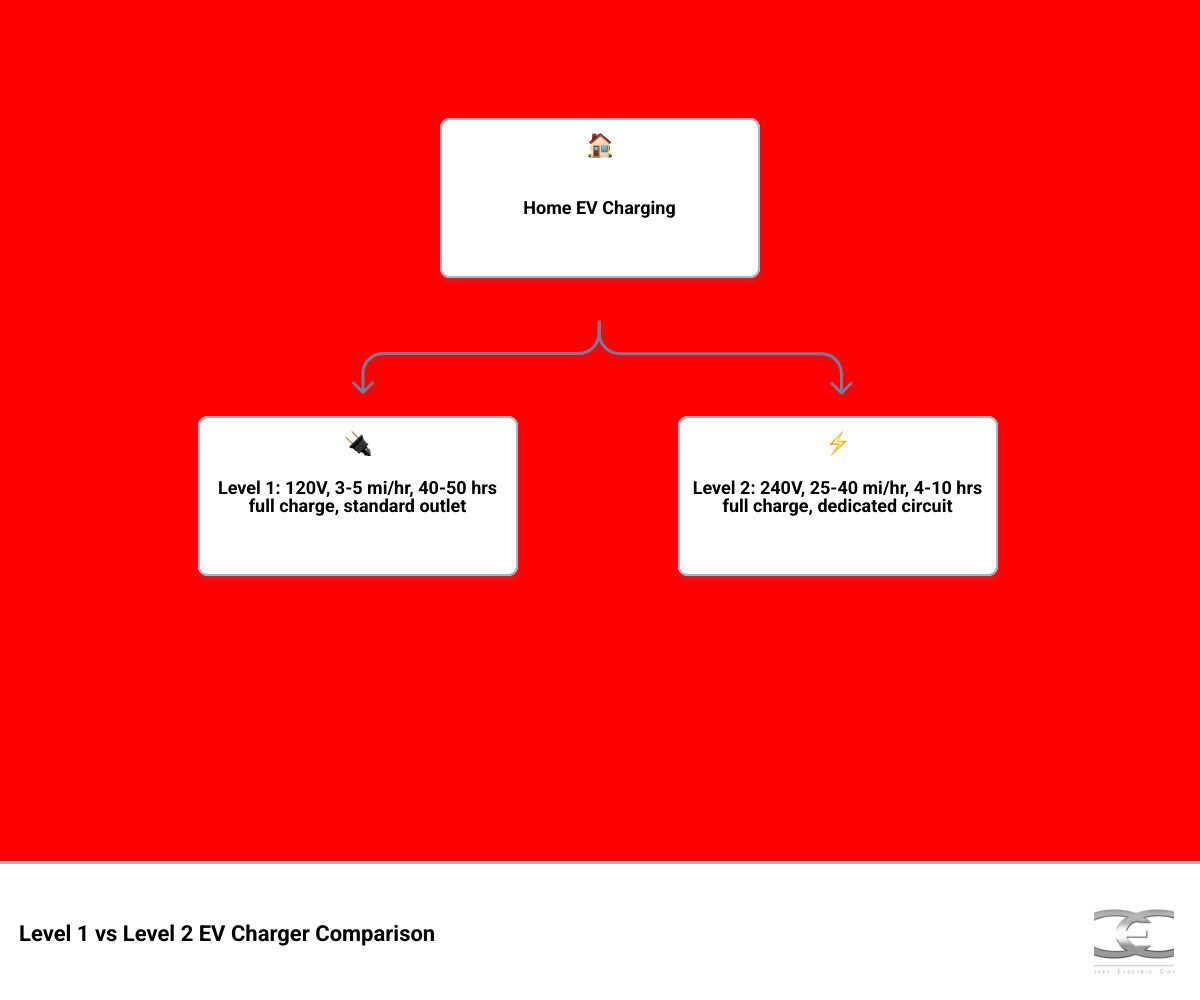 Level 1 vs Level 2 EV charger comparison infographic showing voltage, speed, cost, and best use cases infographic