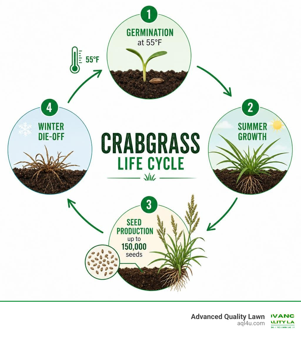 Crabgrass life cycle infographic showing germination at 55°F, summer growth, seed production up to 150000 seeds, and winter