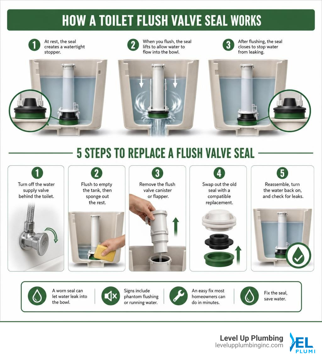 Infographic showing how a toilet flush valve seal works and the 5 steps to replace it infographic