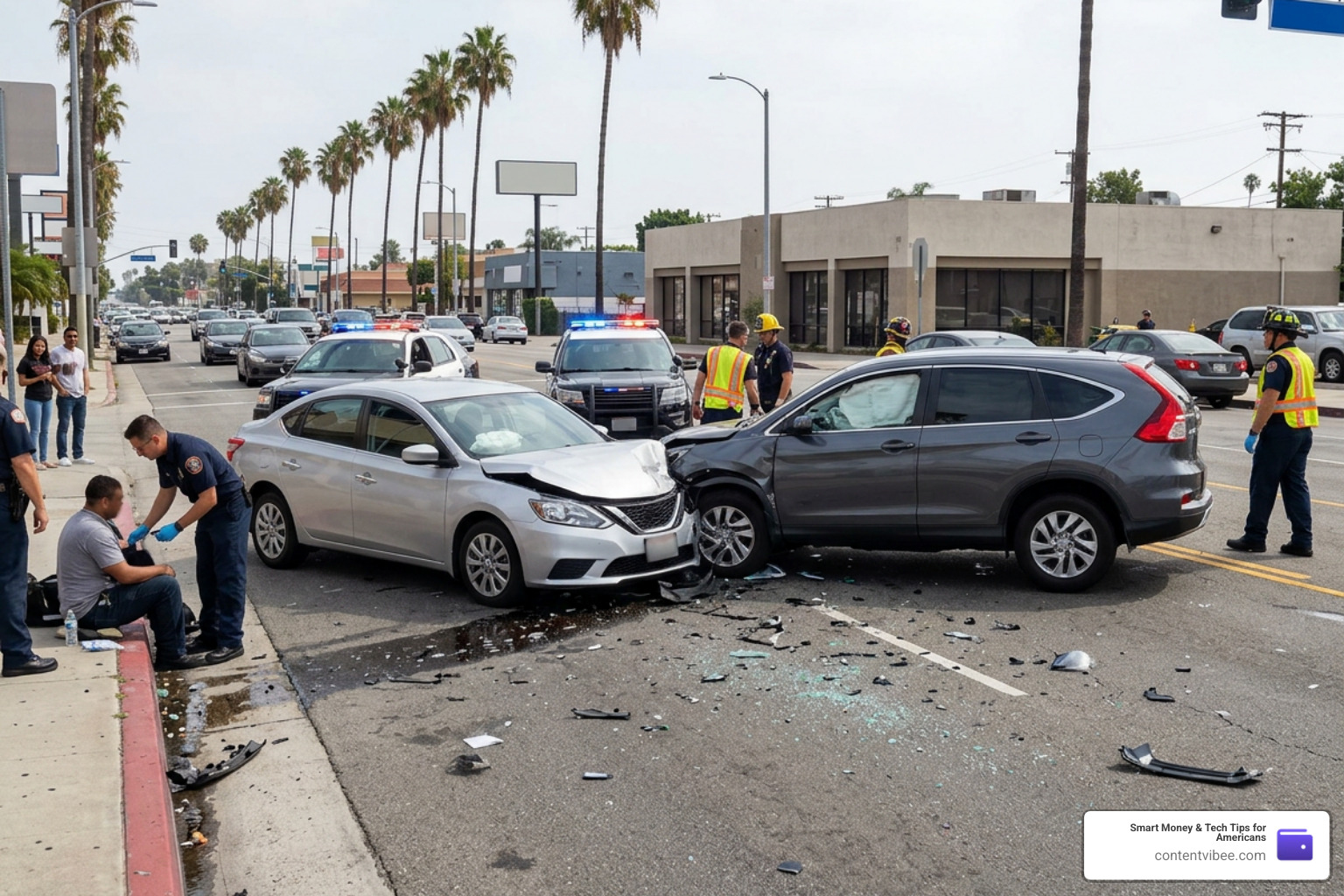 car accident scene in Los Angeles with damaged vehicles
