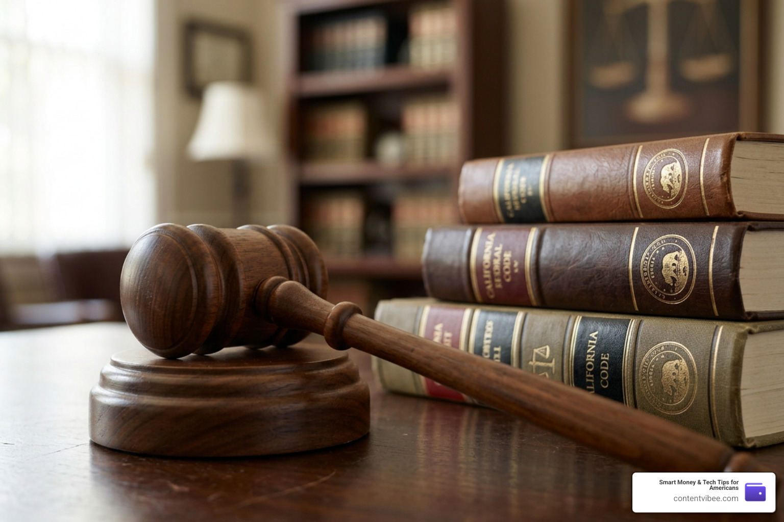 Courtroom gavel and law books representing California legal regulations