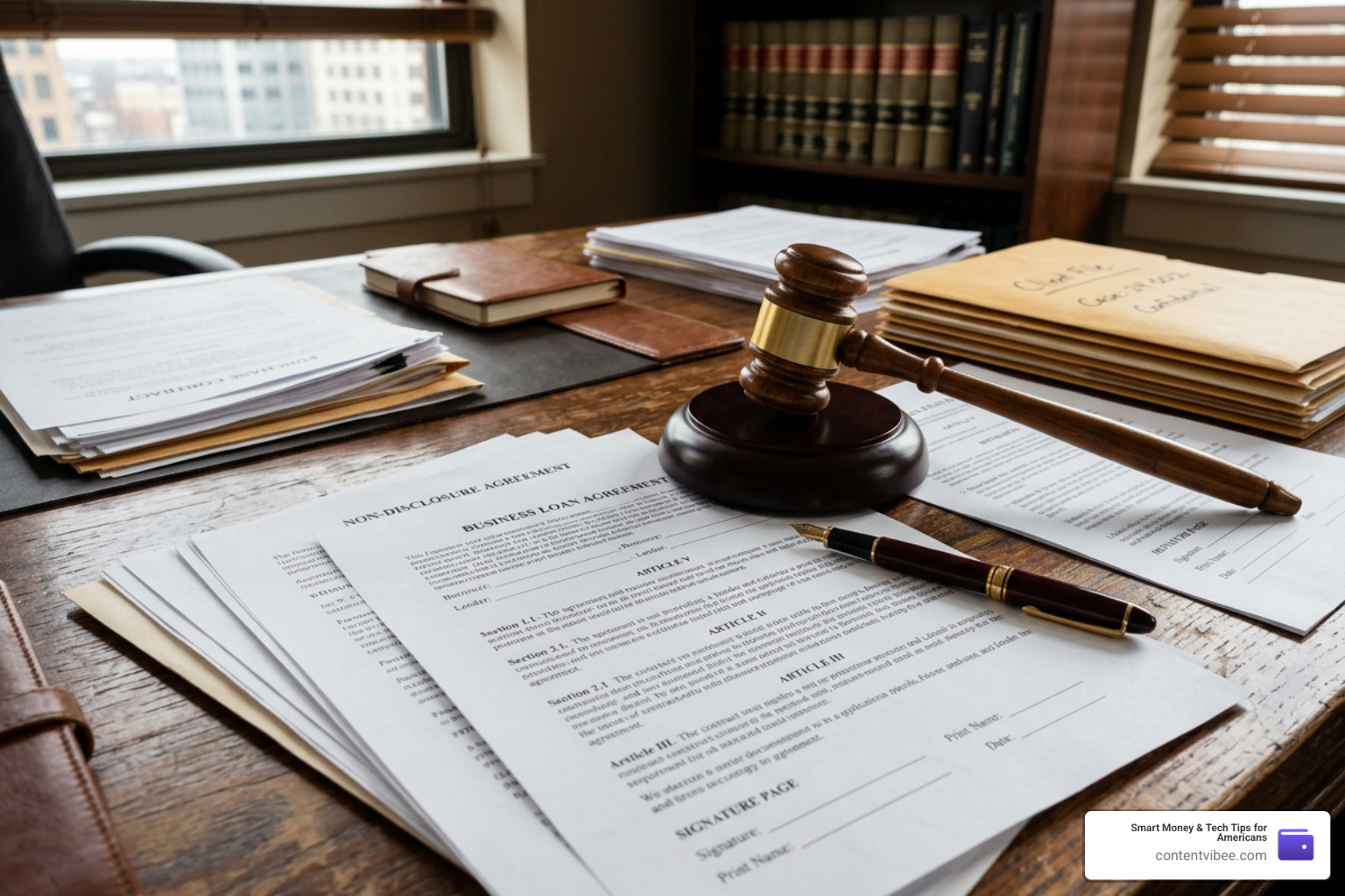 financial documents and gavel