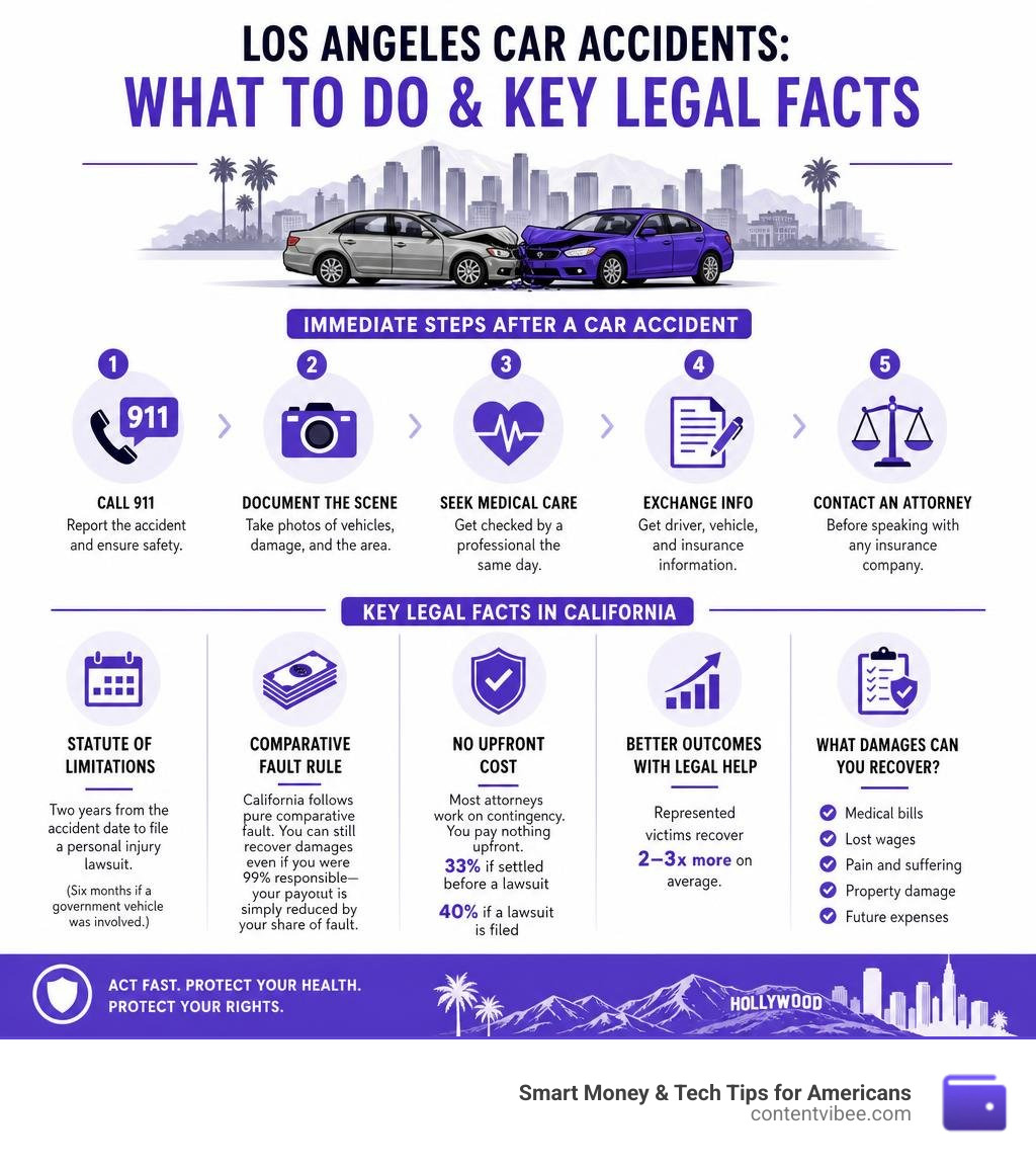 Infographic showing immediate steps after a car accident in Los Angeles and key legal facts infographic