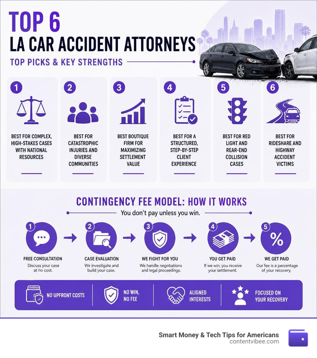 Infographic showing top 6 LA car accident attorneys with key strengths and contingency fee model overview infographic