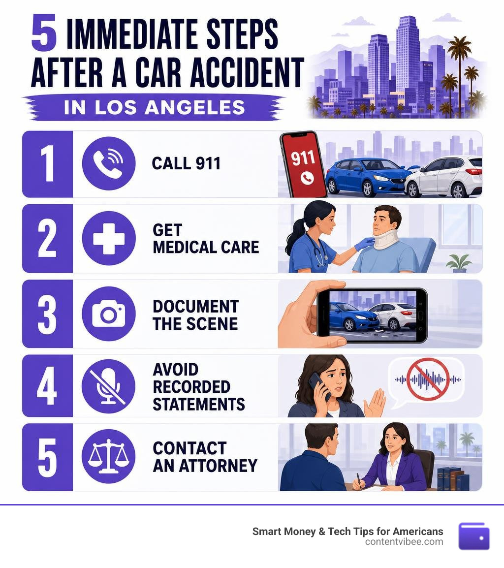 Infographic: 5 immediate steps after a car accident in Los Angeles — call 911, get medical care, document the scene, avoid