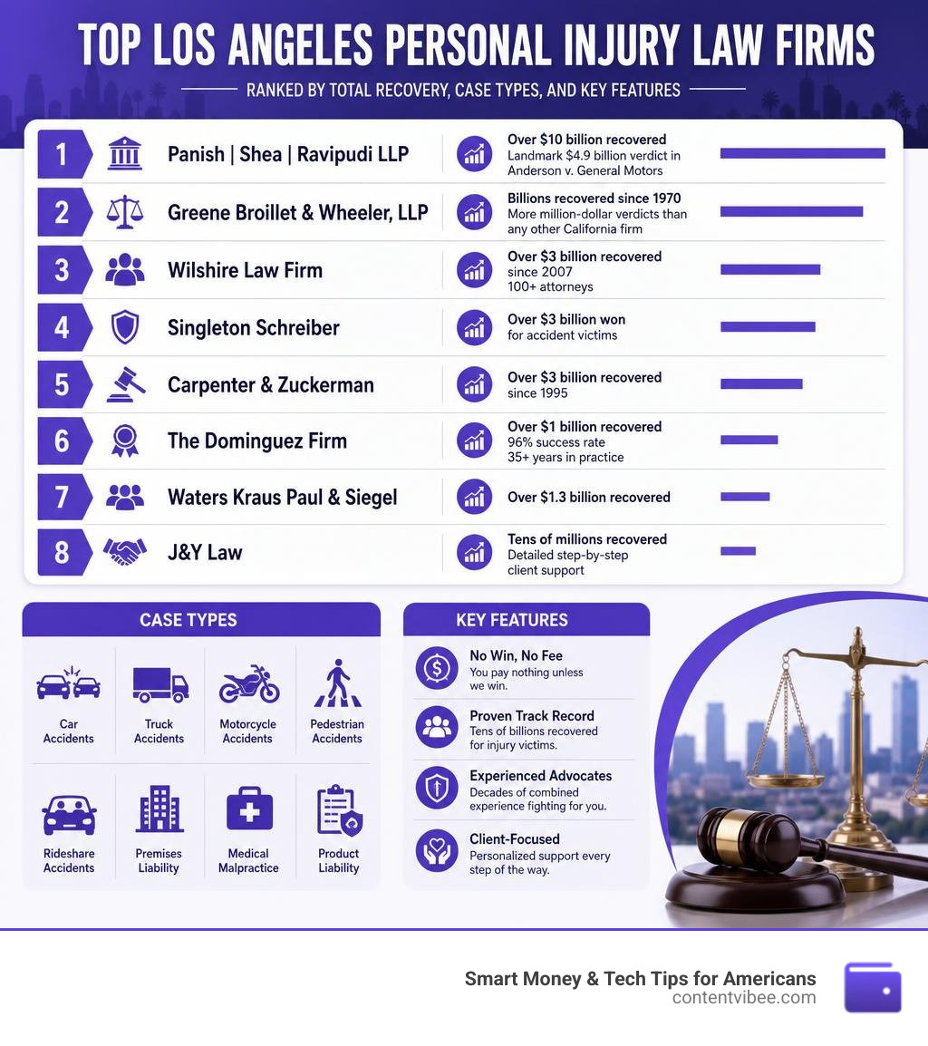 Top Los Angeles personal injury law firms ranked by total recovery, case types, and key features infographic