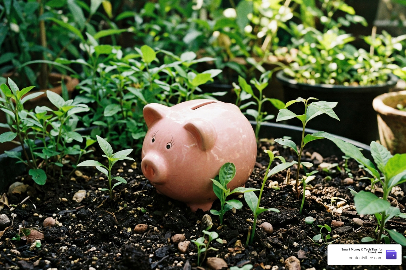 piggy bank with growing green plants representing retail investment compound growth