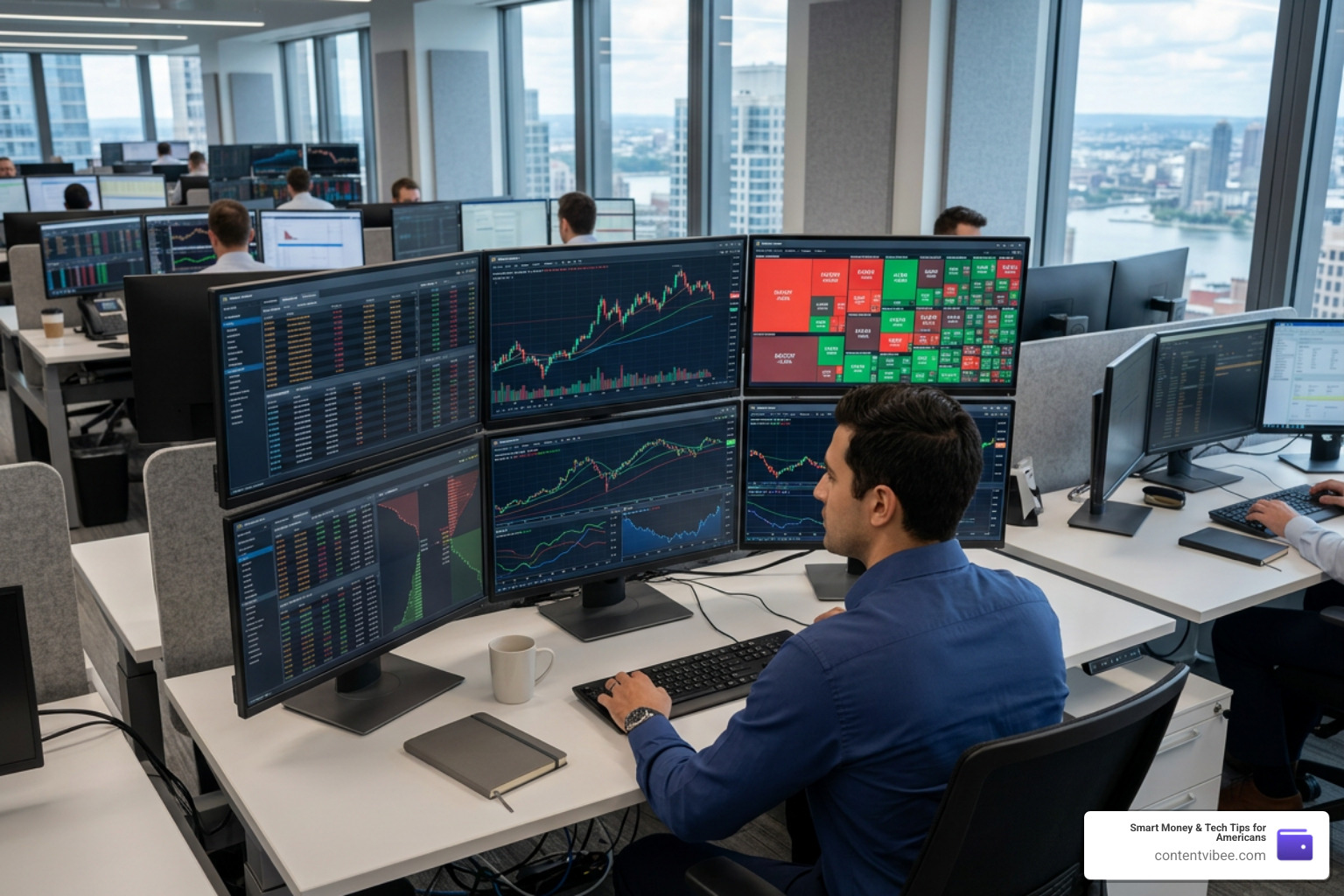 stock market charts and trading terminal screens showing low commissions