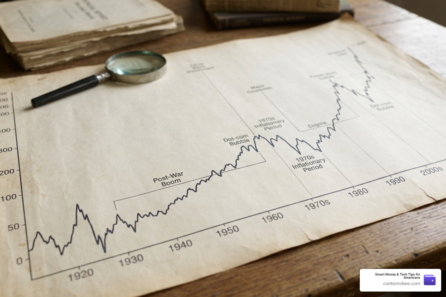 Historical stock market chart showing long term growth trends