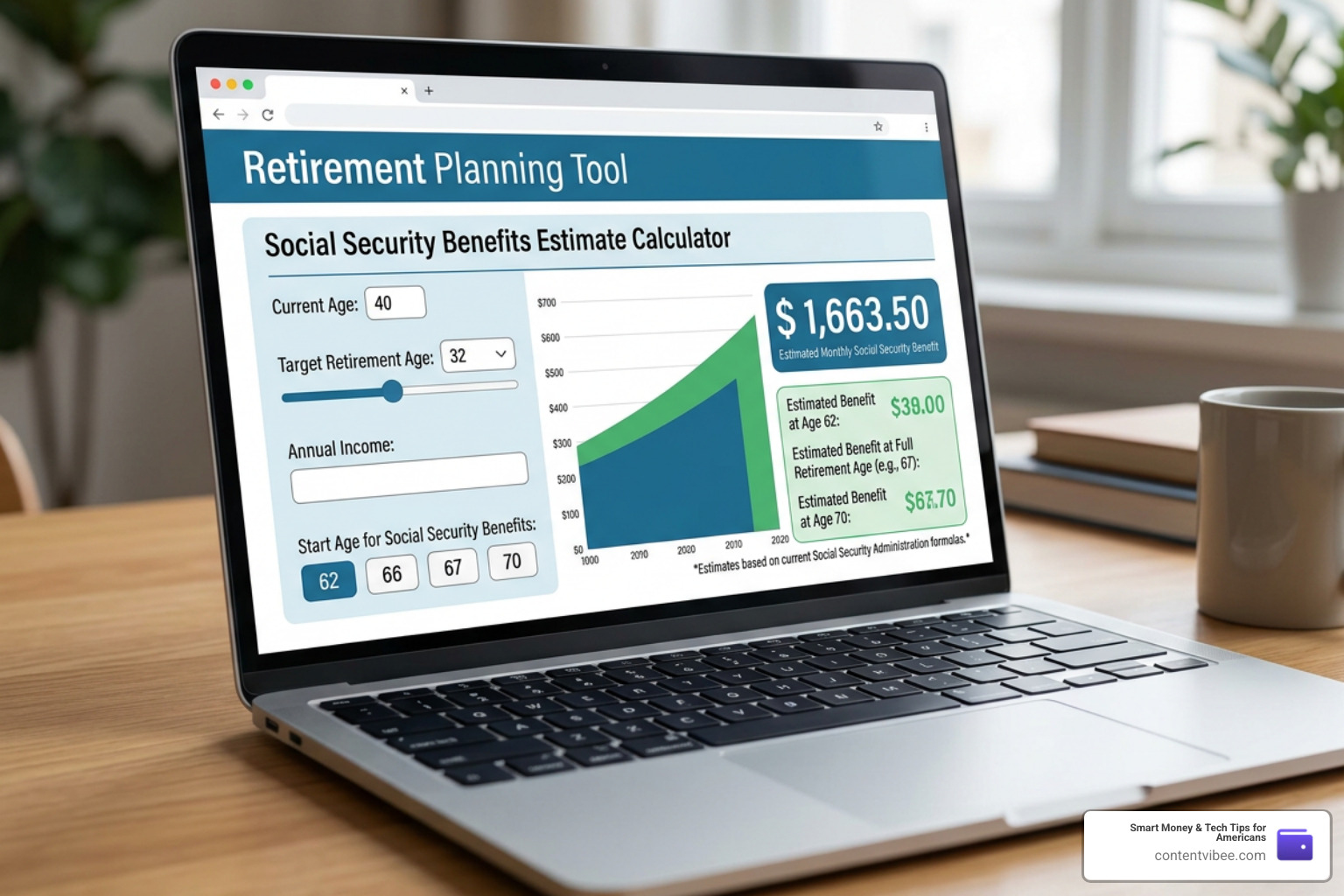 digital calculator interface showing retirement projections