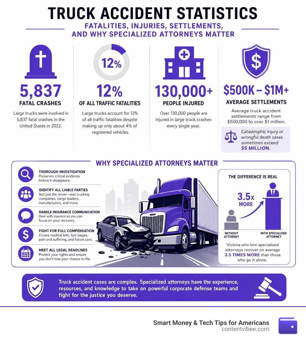 Truck accident statistics infographic: fatalities, injuries, settlements, and why specialized attorneys matter infographic